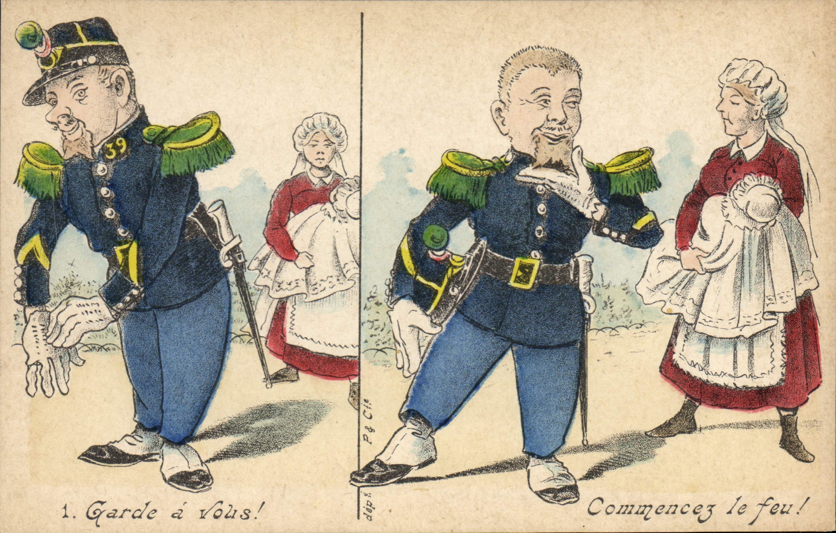 CPA Militaria Garde a vous Commencez le feu Grand Bazar de la Rue de Sevres Paris TOP