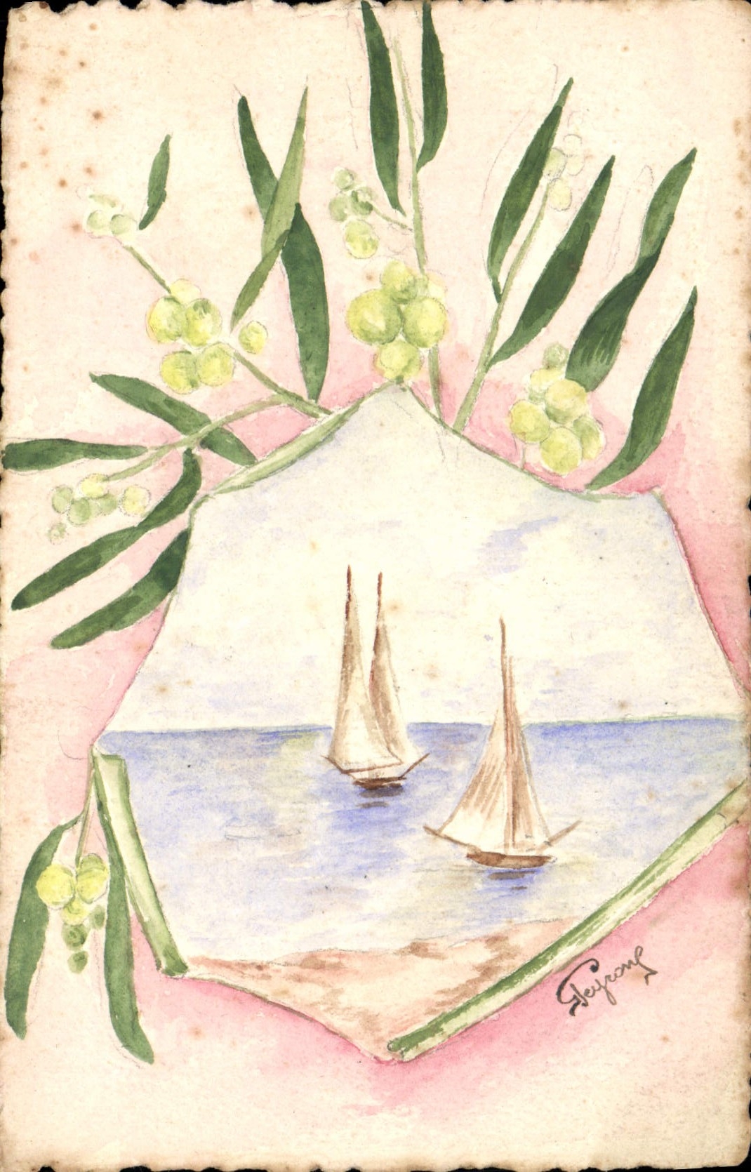 CPA Fantaisie (dessin a la main) Fleurs Bateaux 