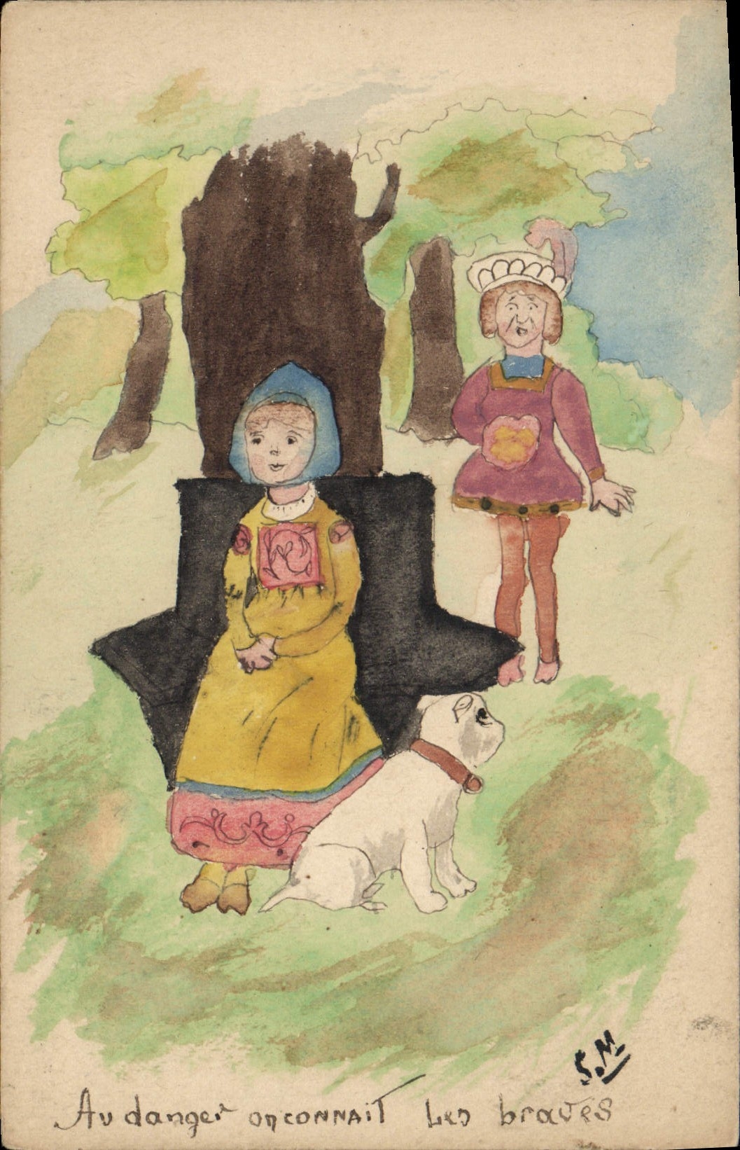 CPA Fantaisie (dessin a la main) Enfants Chien Au danger on connait les braves 