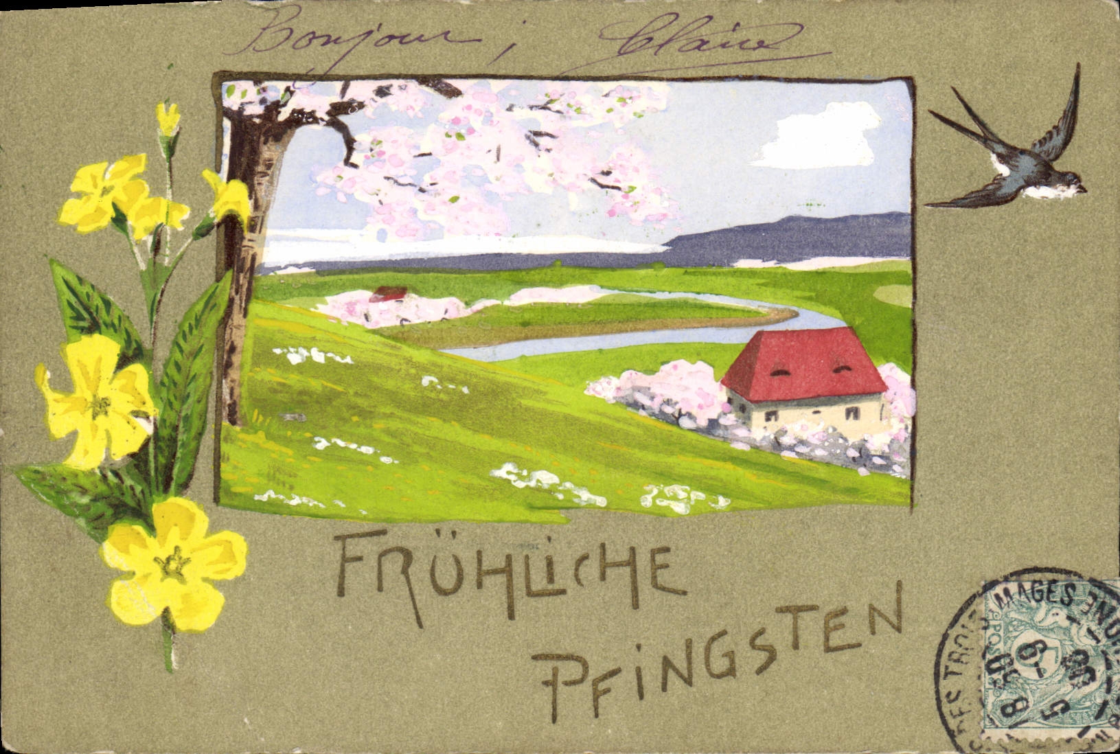 CPA Fantaisie (dessin a la main) Paysage Hirondelle 