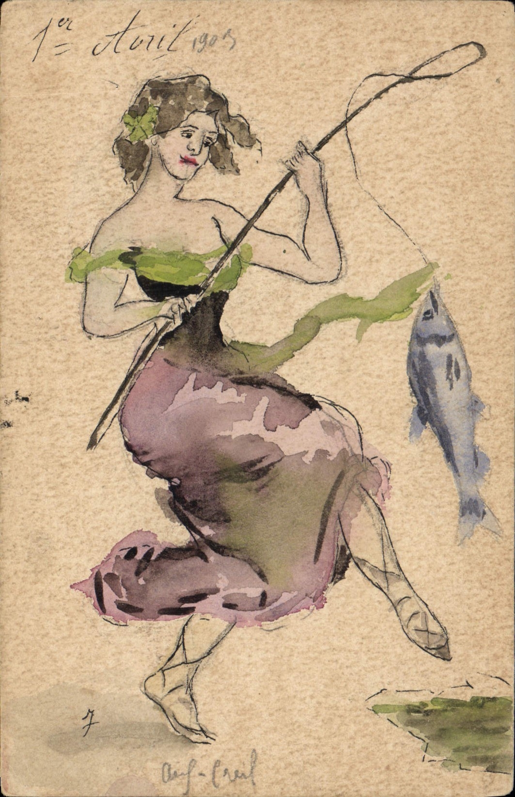 CPA Fantaisie (dessin a la main) Femme Peche Poisson 