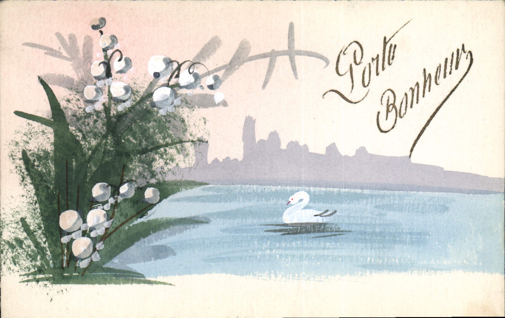 CPA Fantaisie (dessin a la main) Fleurs Muguet Cygne 