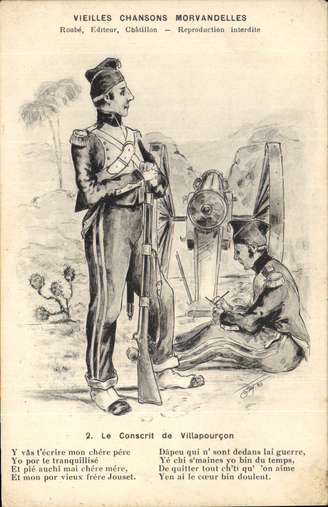 CPA Militaria Vieilles chansons morvandelles Le conscrit de Villapourcon 