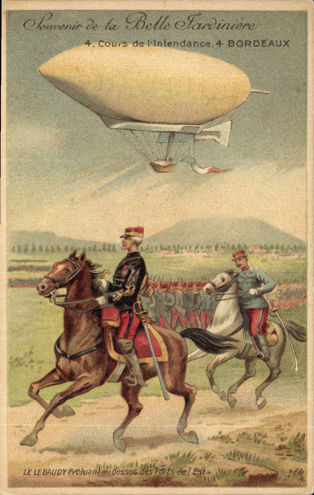 CPA Militaria La Belle Jardiniere Le Lebaudy evoluant au dessus des forts de l'Est Zeppelin Dirigeab