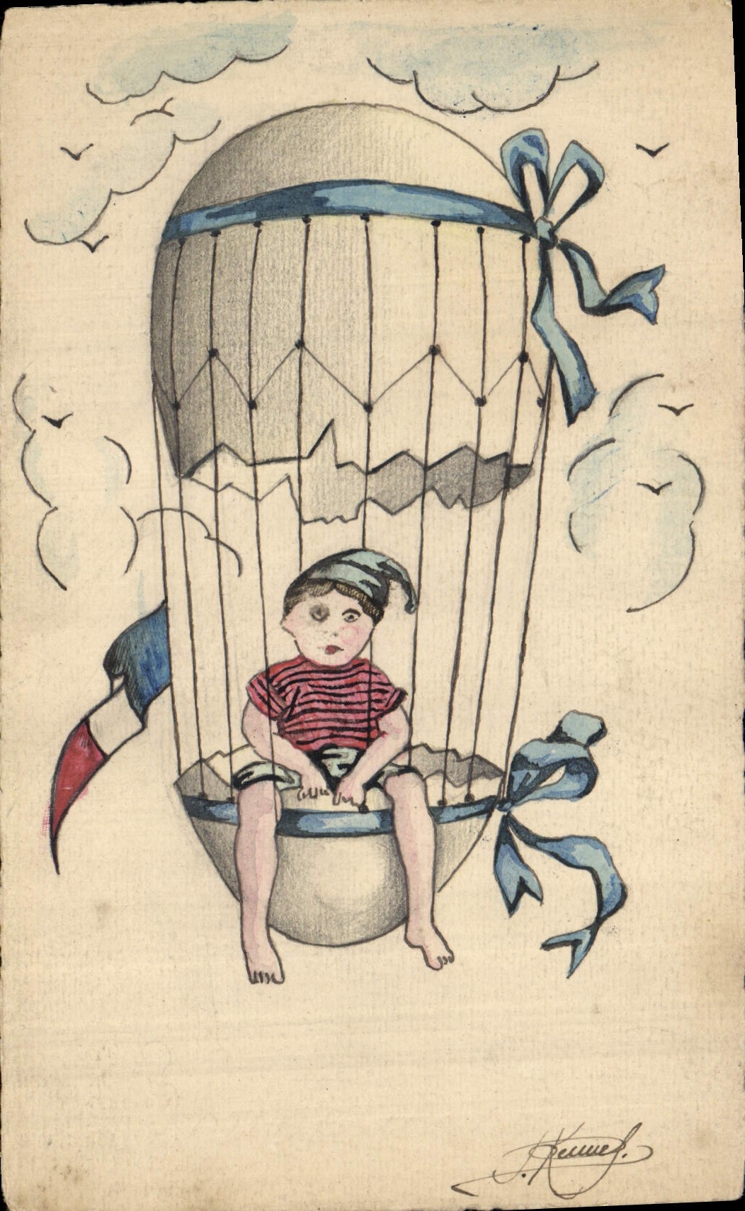 CPA Fantaisie (dessin a la main) Enfant Ballon Mongolfiere Oeuf 