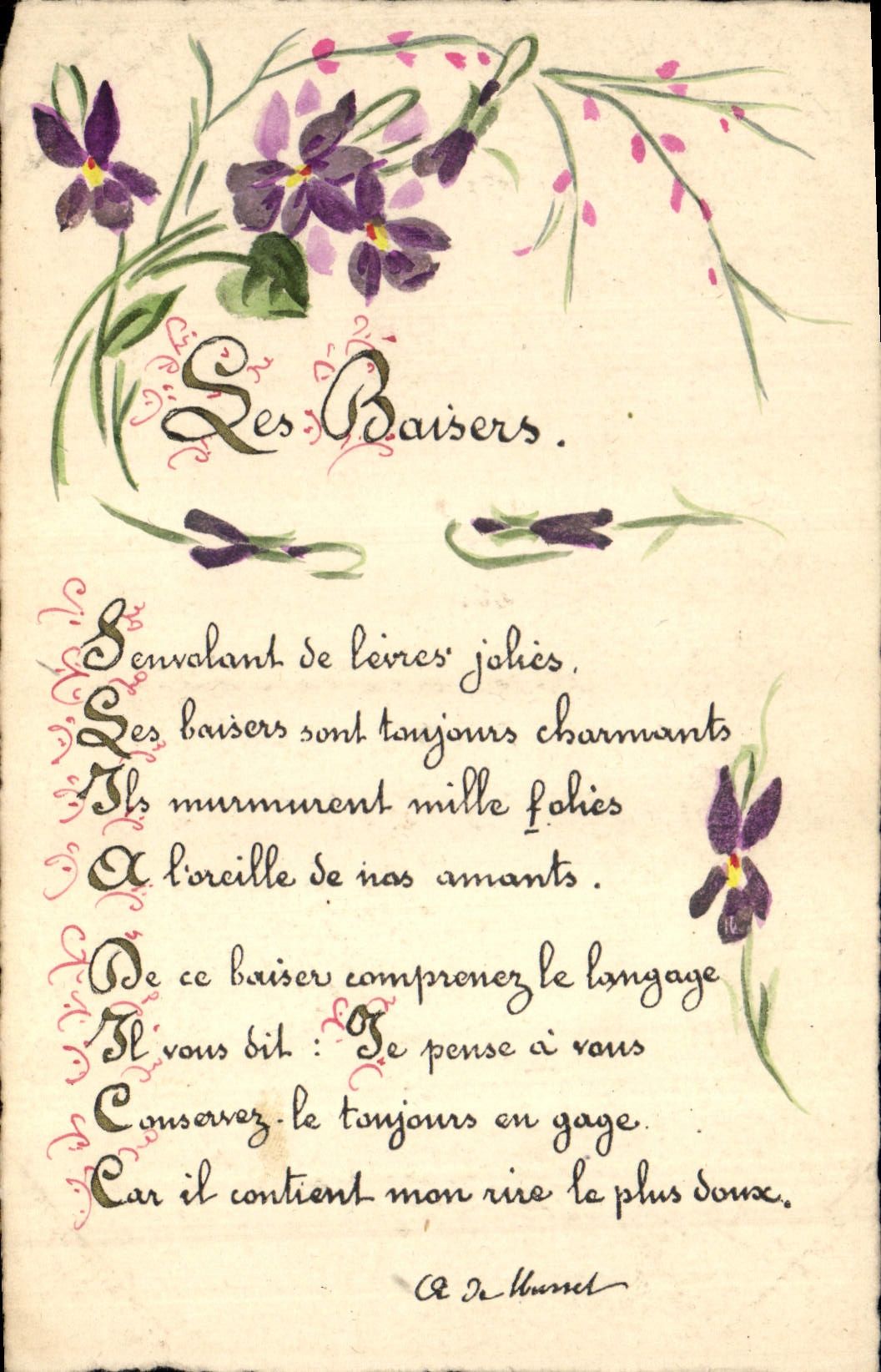 CPA Fantaisie (dessin a la main) Fleurs Poeme Les baisers Alfred de Musset