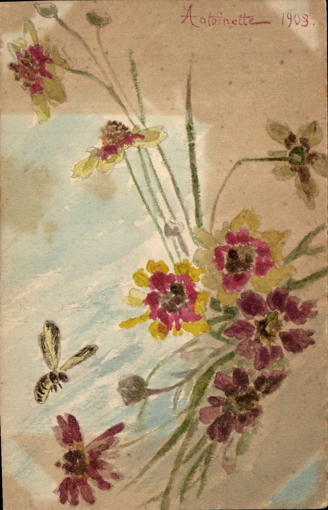 CPA Fantaisie (dessin a la main) Fleurs Abeille