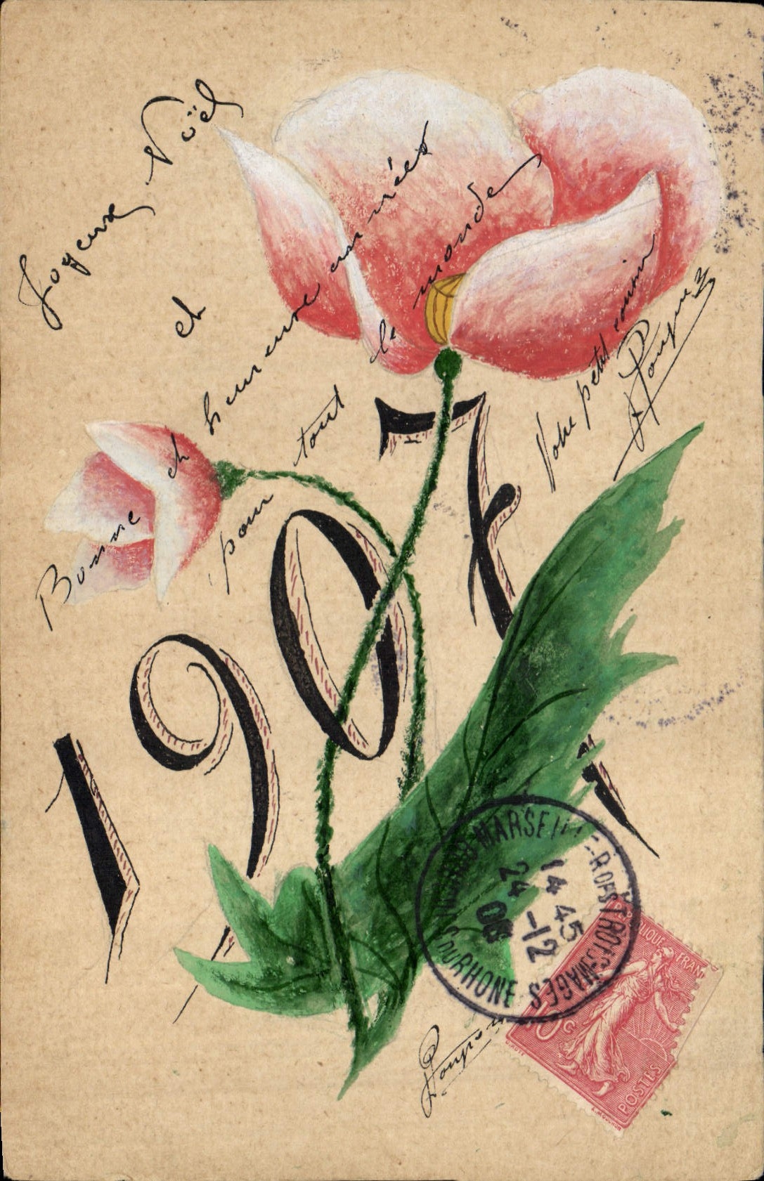 CPA Fantaisie (dessin a la main) Fleurs Annee 1907