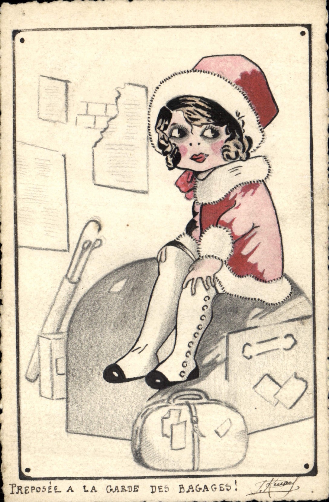 CPA Fantaisie (dessin a la main) Preposee a la garde des bagages Enfant 