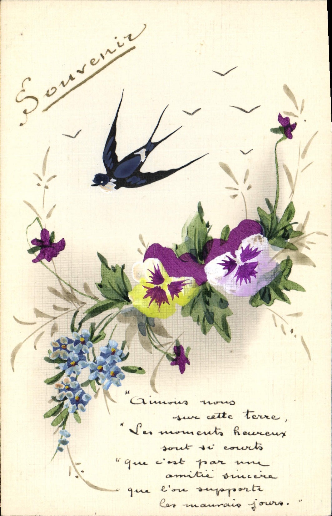 CPA Fantaisie (dessin a la main) Fleurs Hirondelle