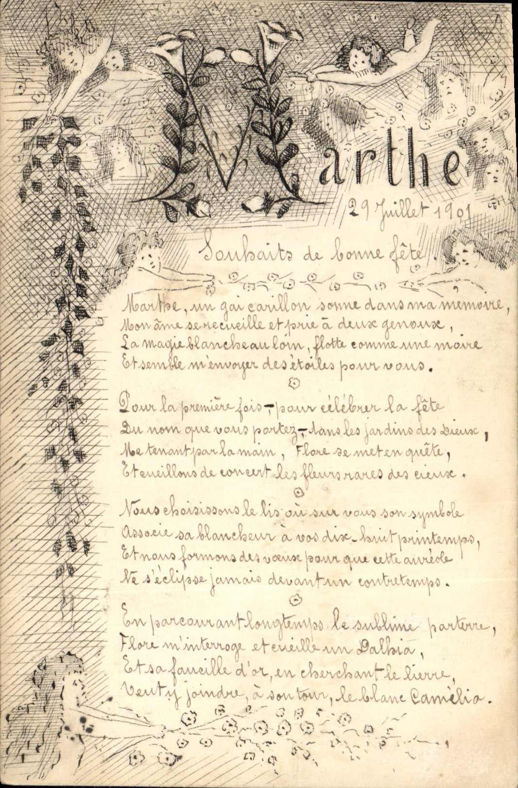 CPA Fantaisie (dessin a la main) Prenom Marthe Anges