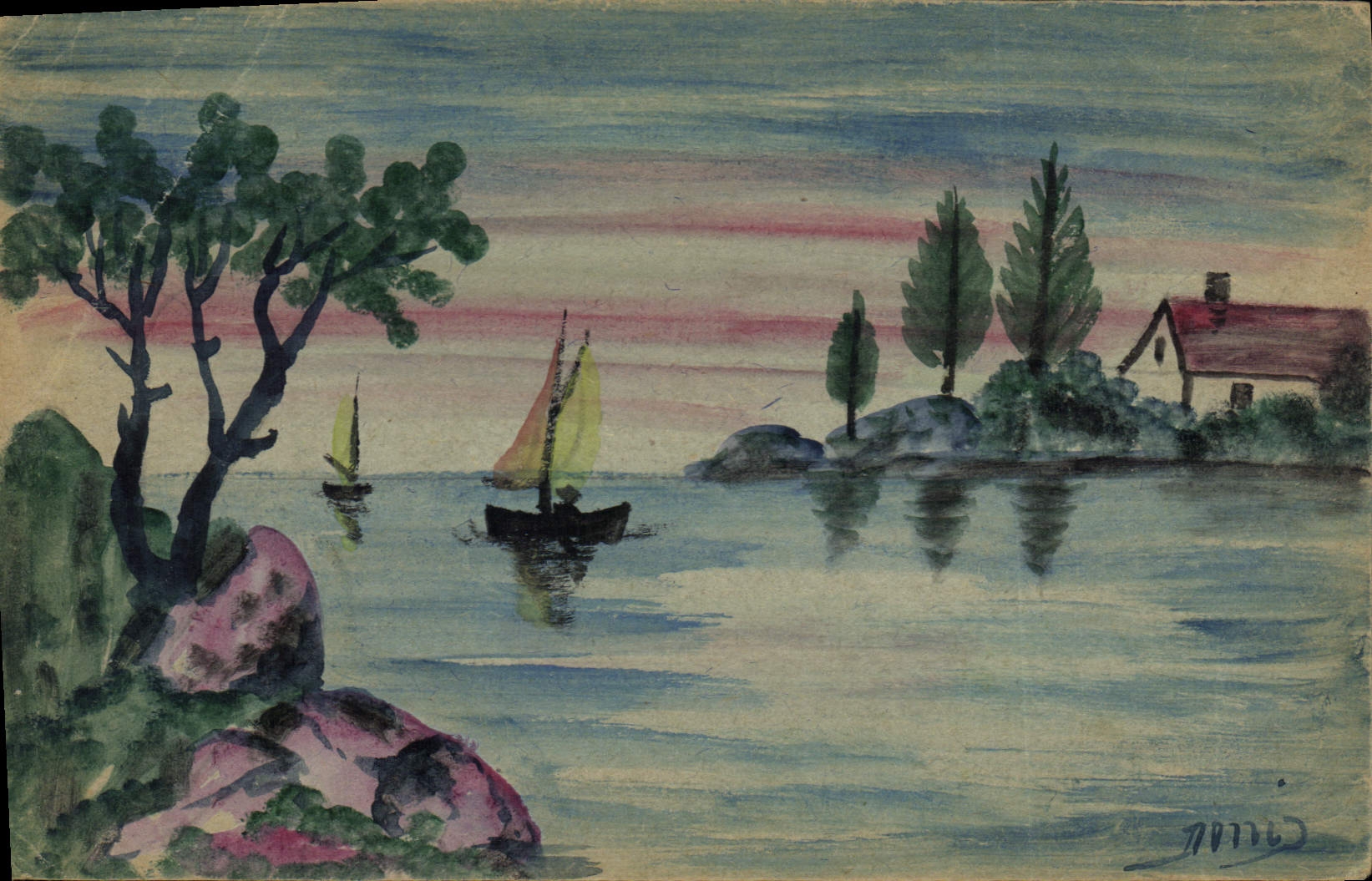 CPA Fantaisie (dessin a la main) Paysage Bateau