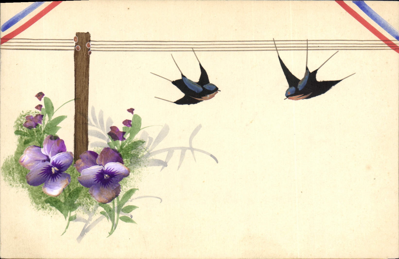 CPA Fantaisie (dessin a la main) Fleurs Hirondelles