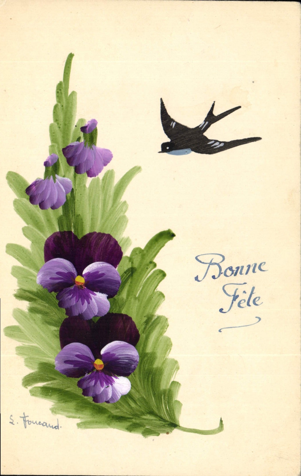 CPA Fantaisie (dessin a la main) Fleurs Hirondelle