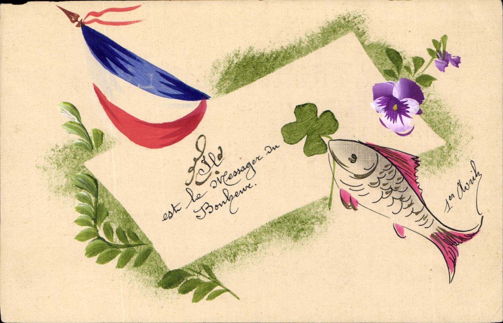 CPA Fantaisie (dessin a la main) Fleurs Poisson Drapeau