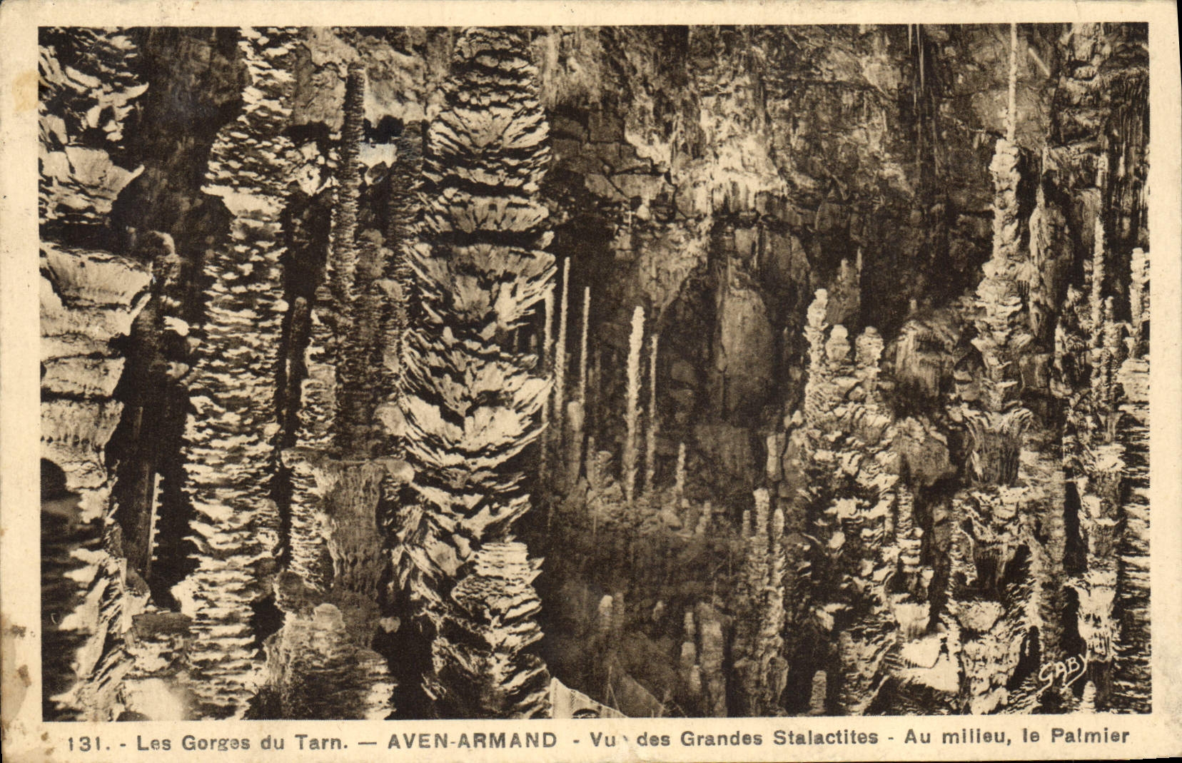 CPA Grotte Grottes Aven Armand Vu des grandes stalactites Au milieu le palmier