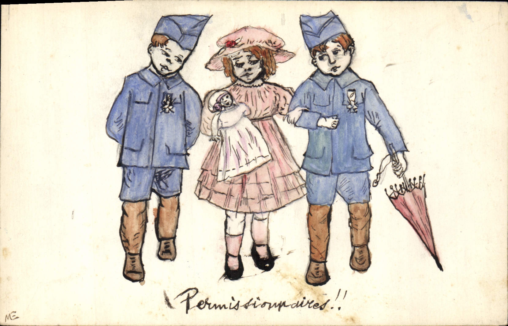 CPA Fantaisie Enfant Poupee Permissionnaires Militaria