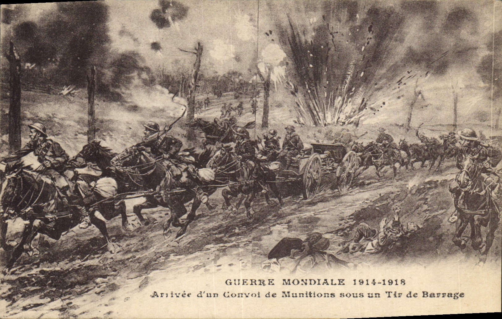 CPA Militaria Arrivee d'un convoi de munitions sous un tir de barrage