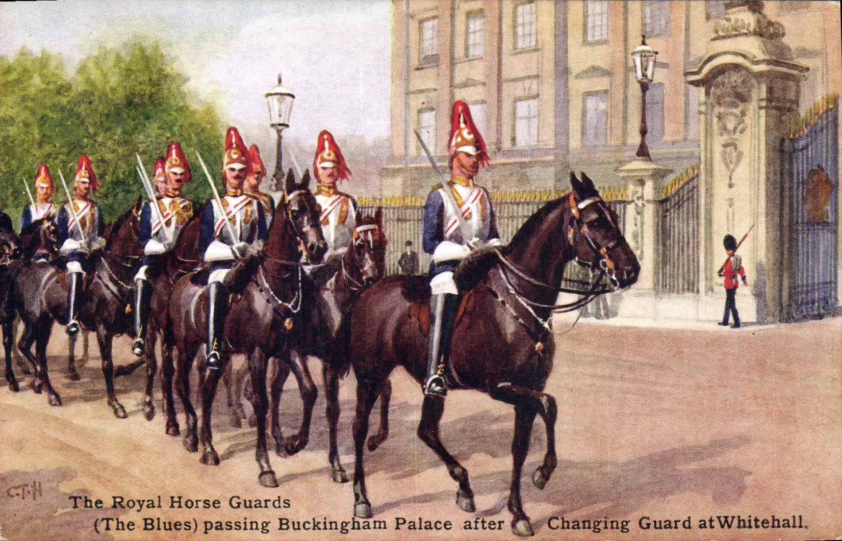 CPA Militaria The Royal Horse Guards The Blues passing Buckingham Palace London Londres Whitehall