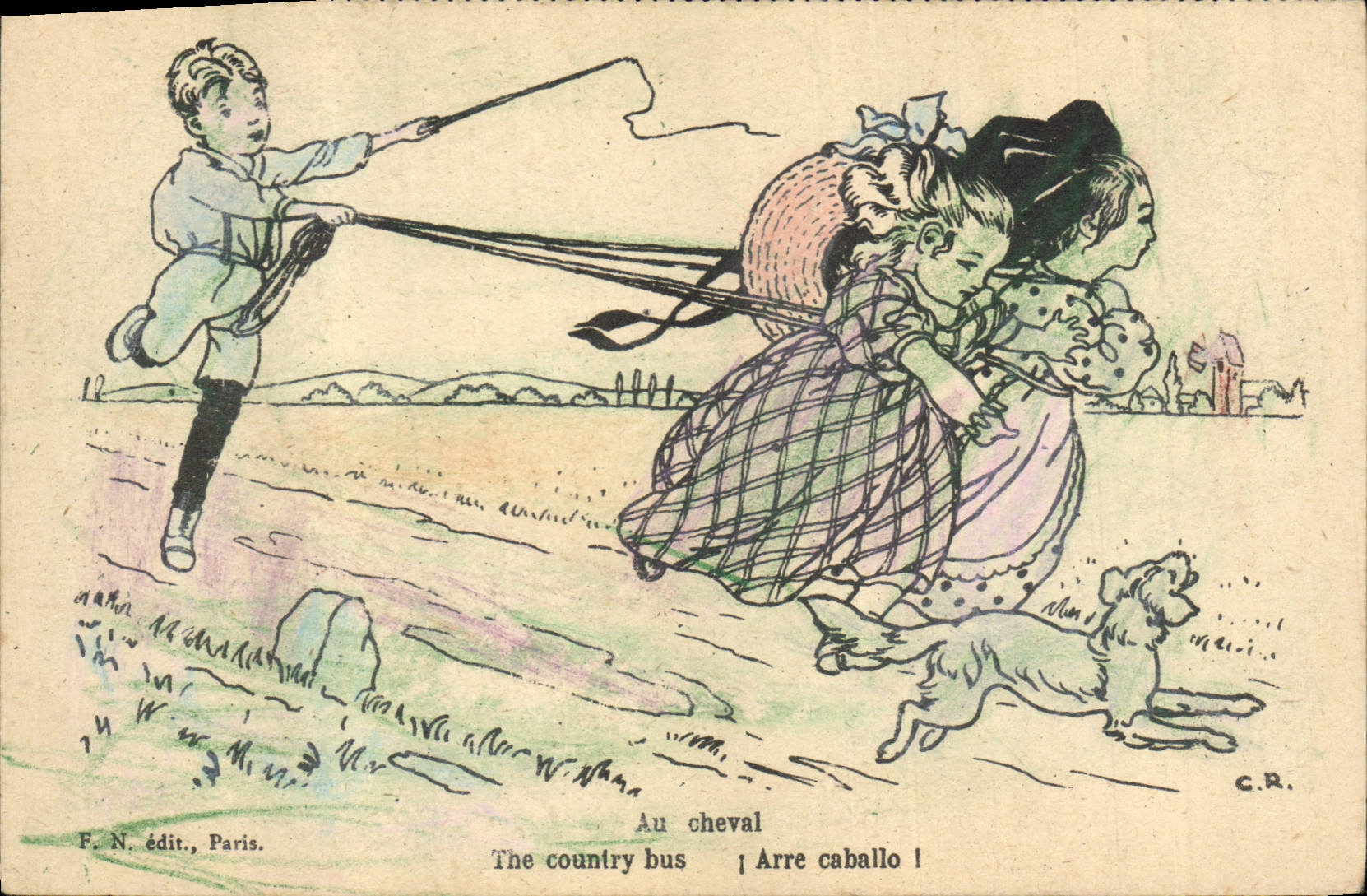 CPA Fantaisie (dessin a la main) Enfants Au cheval chien Alsace