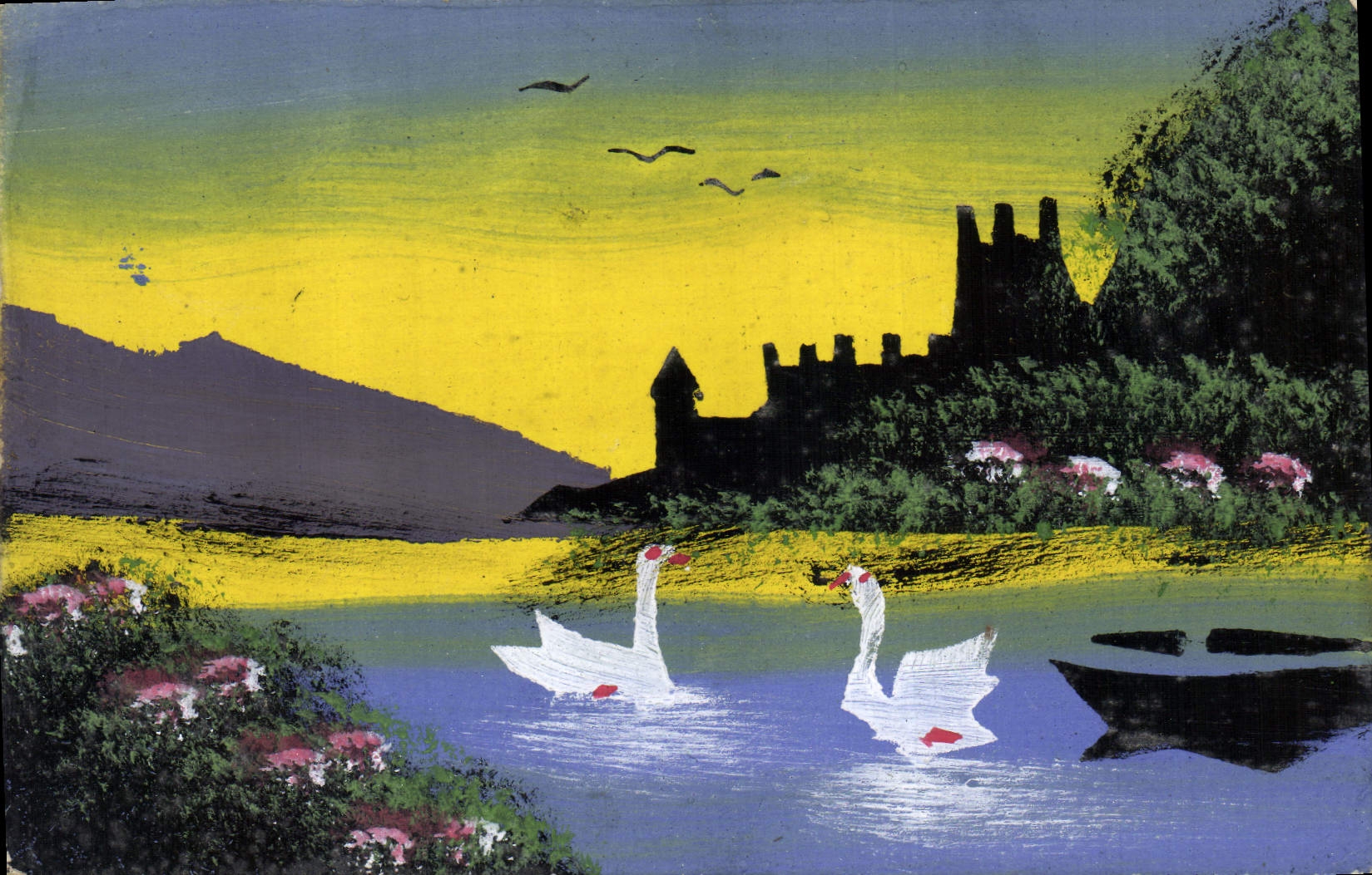 CPA Fantaisie (dessin a la main) Paysage Cygne