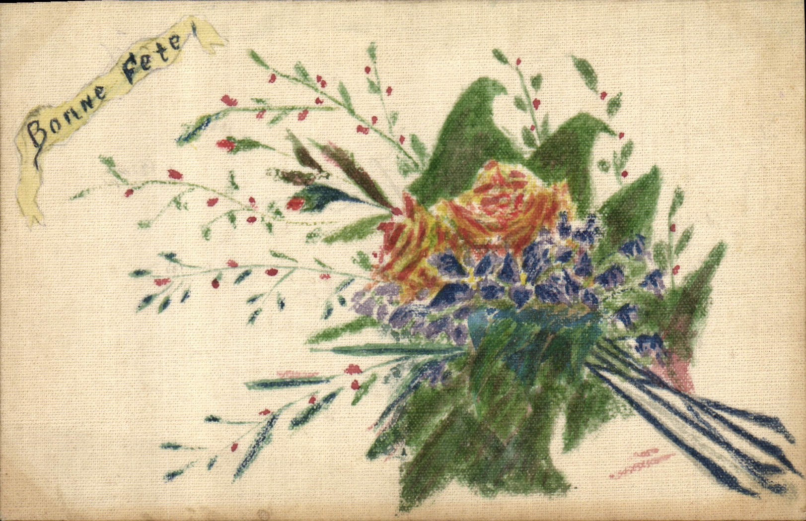 CPA Fantaisie (dessin a la main) Fleurs (carte toilee)