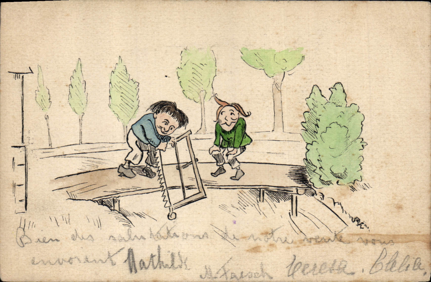 CPA Fantaisie (dessin a la main) Enfants