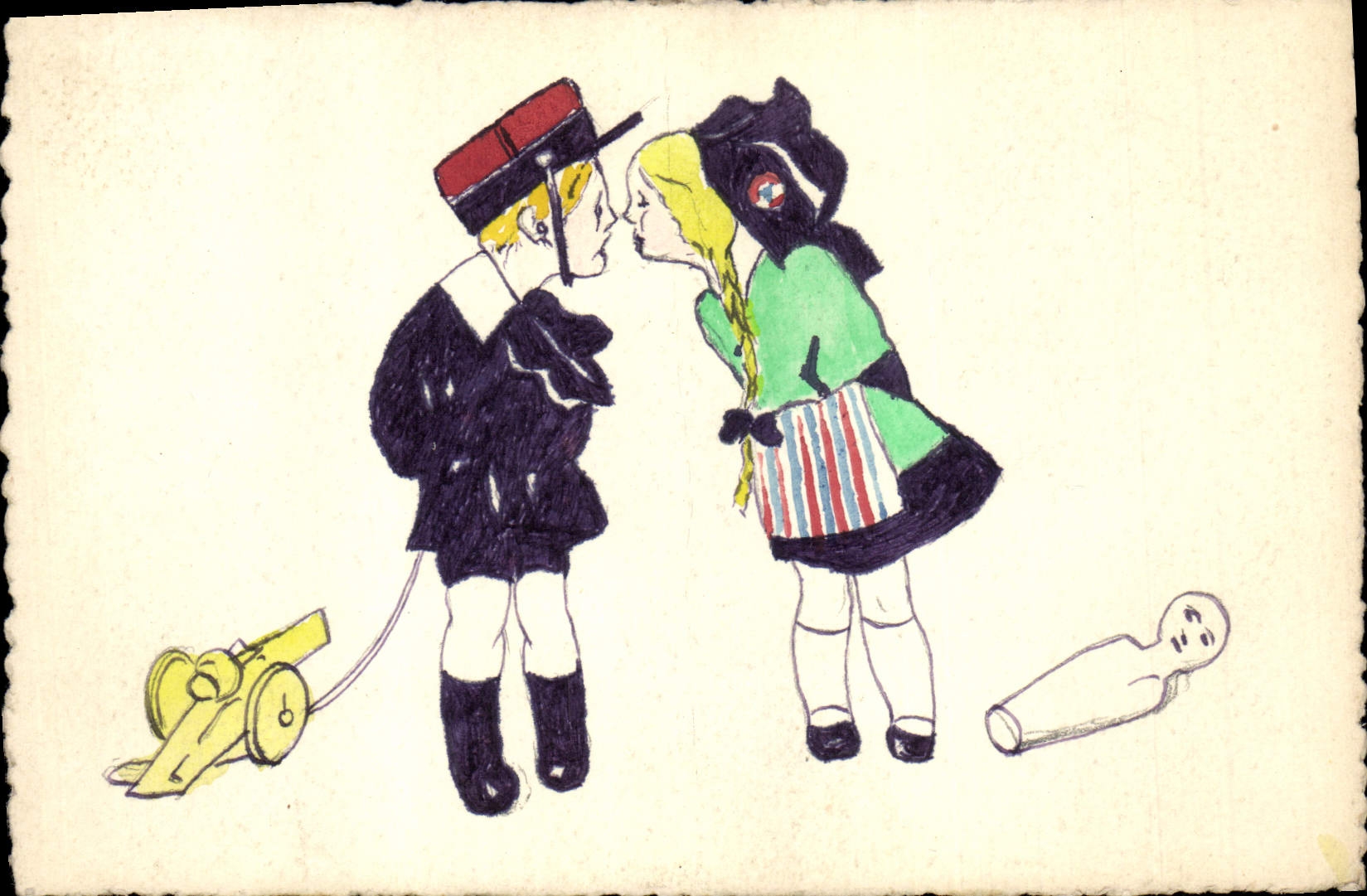 CPA Fantaisie (dessin a la main) Enfants Alsace Canon Militaria