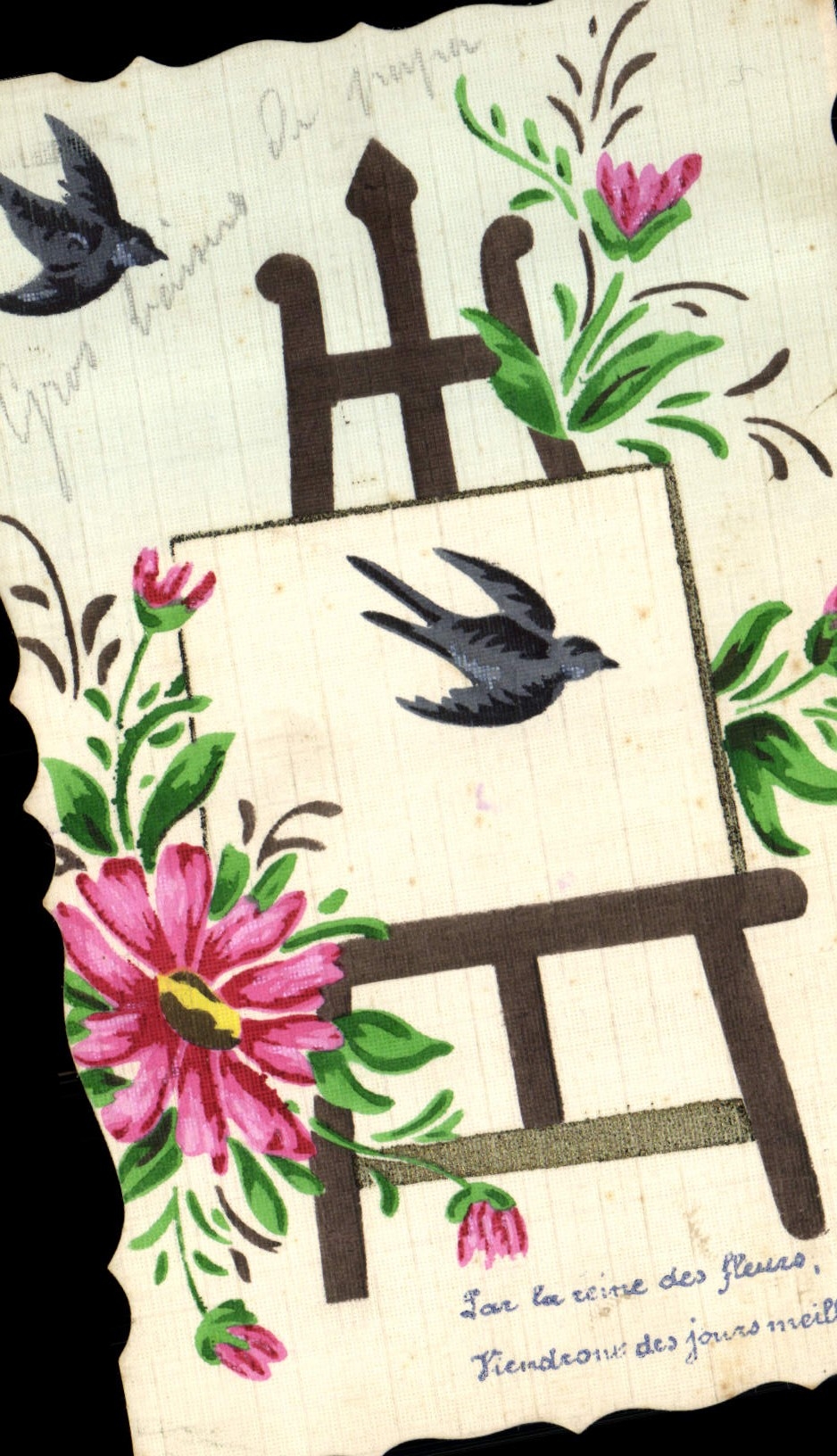 CPA Fantaisie (dessin a la main) Fleurs Hirondelles 