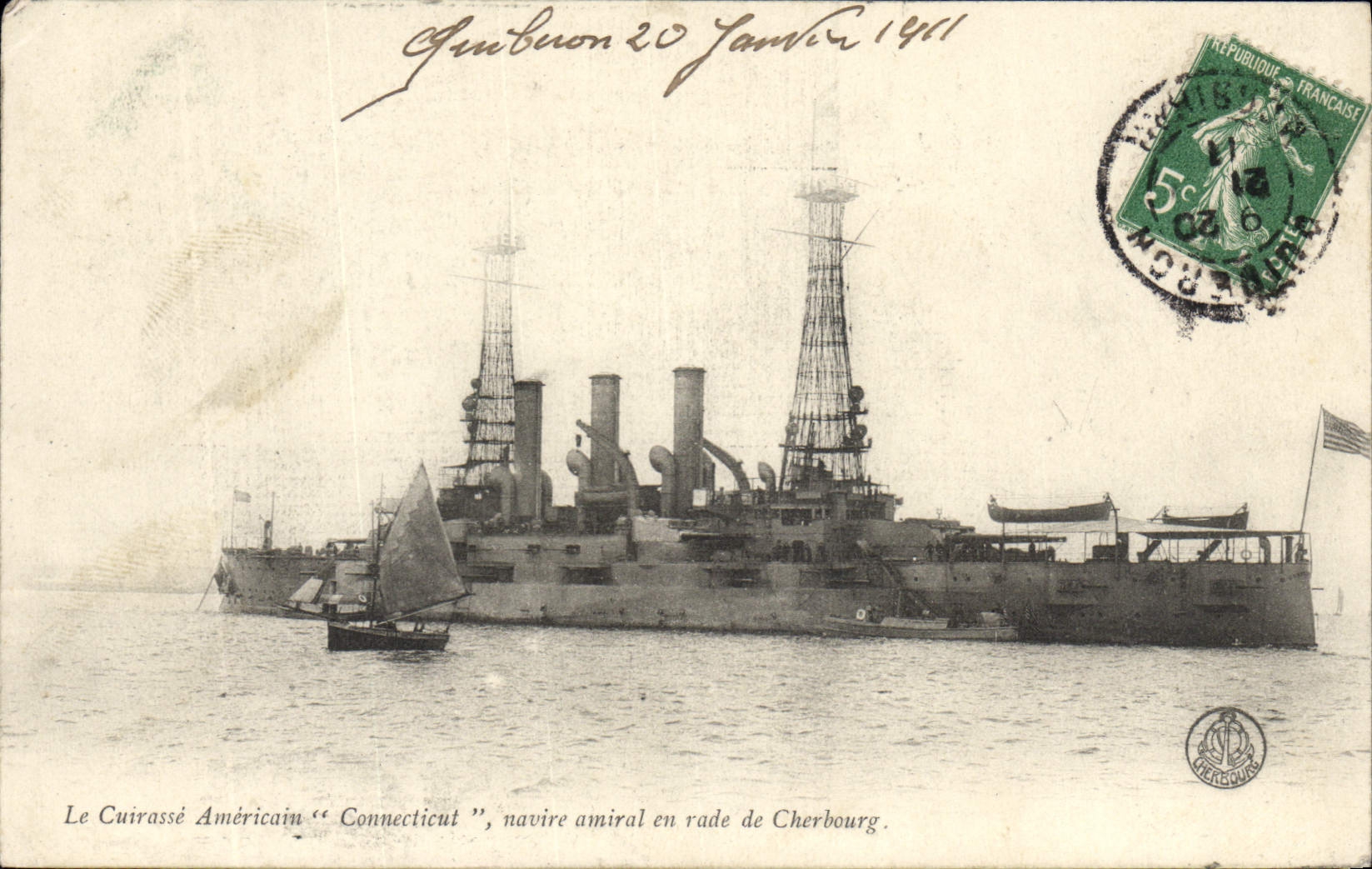 CPA Bateau de Guerre La Cuirasse americain Connecticut navire amiral en rade de Cherbourg