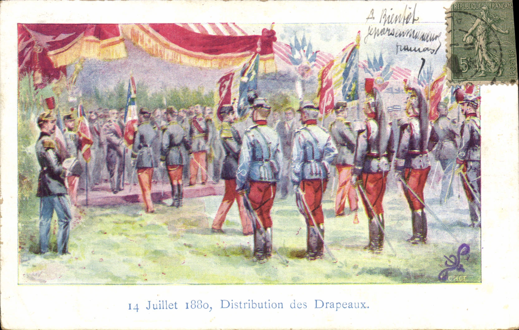 CPA Militaria 4 juillet 1880 Distribution des drapeaux