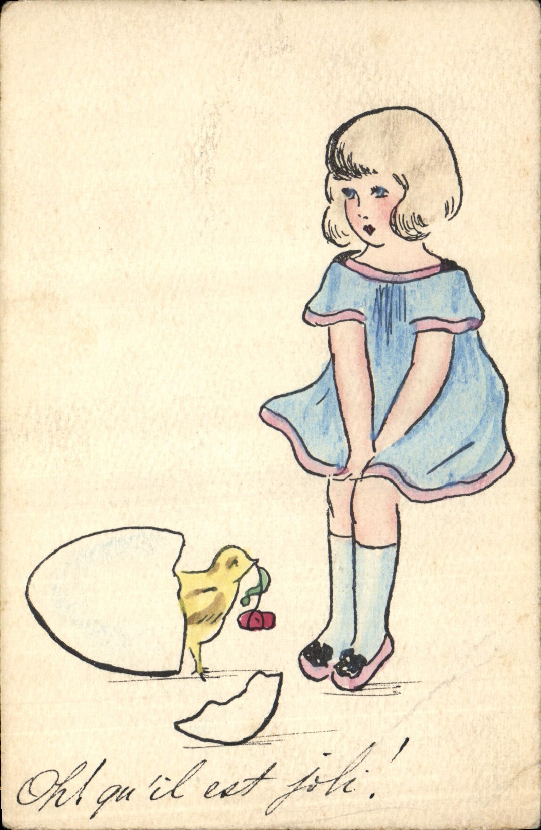 CPA Fantaisie (dessin a la main)  Enfant Poussin Oeuf 