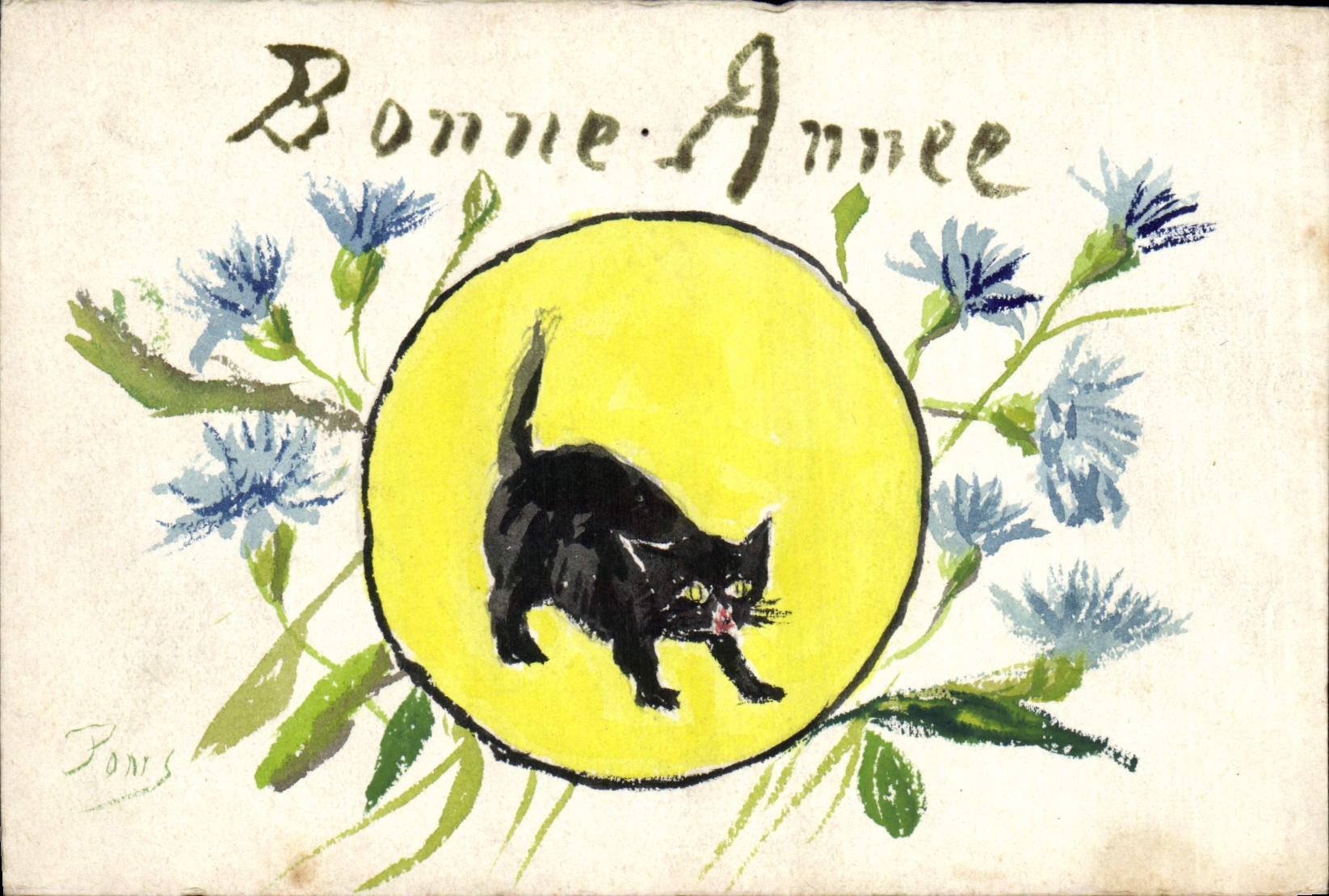 CPA Fantaisie (dessin a la main)  Fleurs Chat