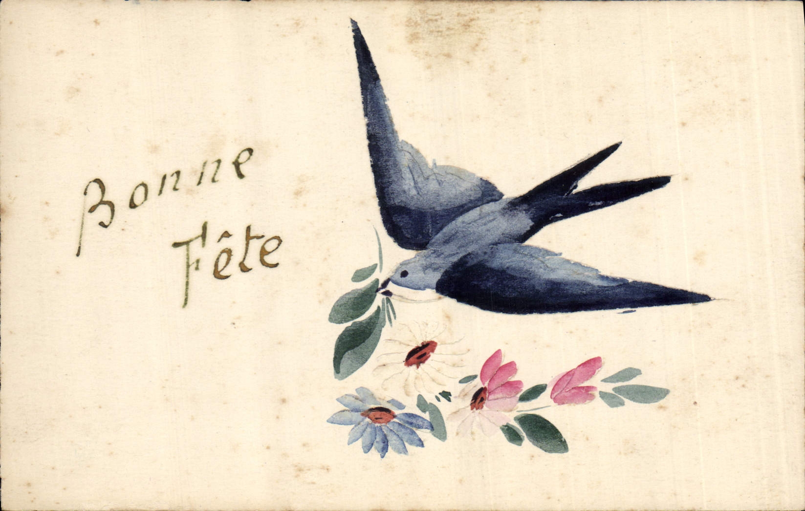 CPA Fantaisie (dessin a la main)  Fleurs Hirondelle 