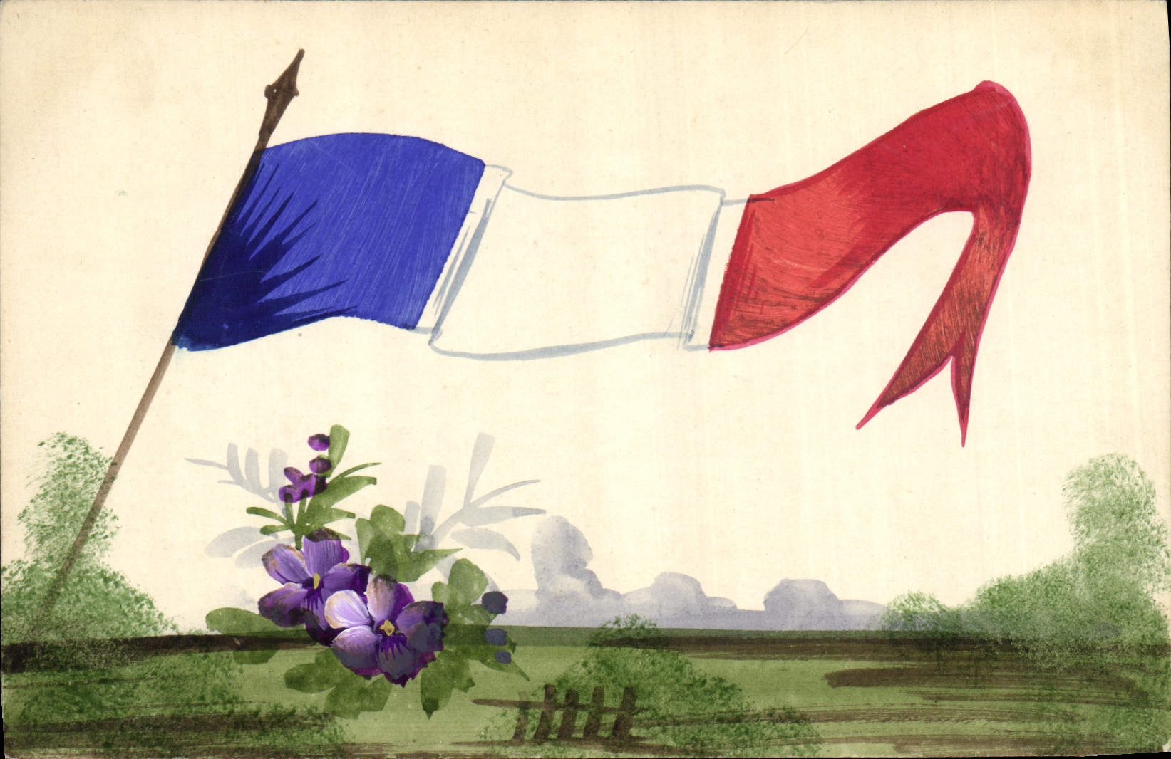 CPA Fantaisie (dessin a la main)  Fleurs Drapeau