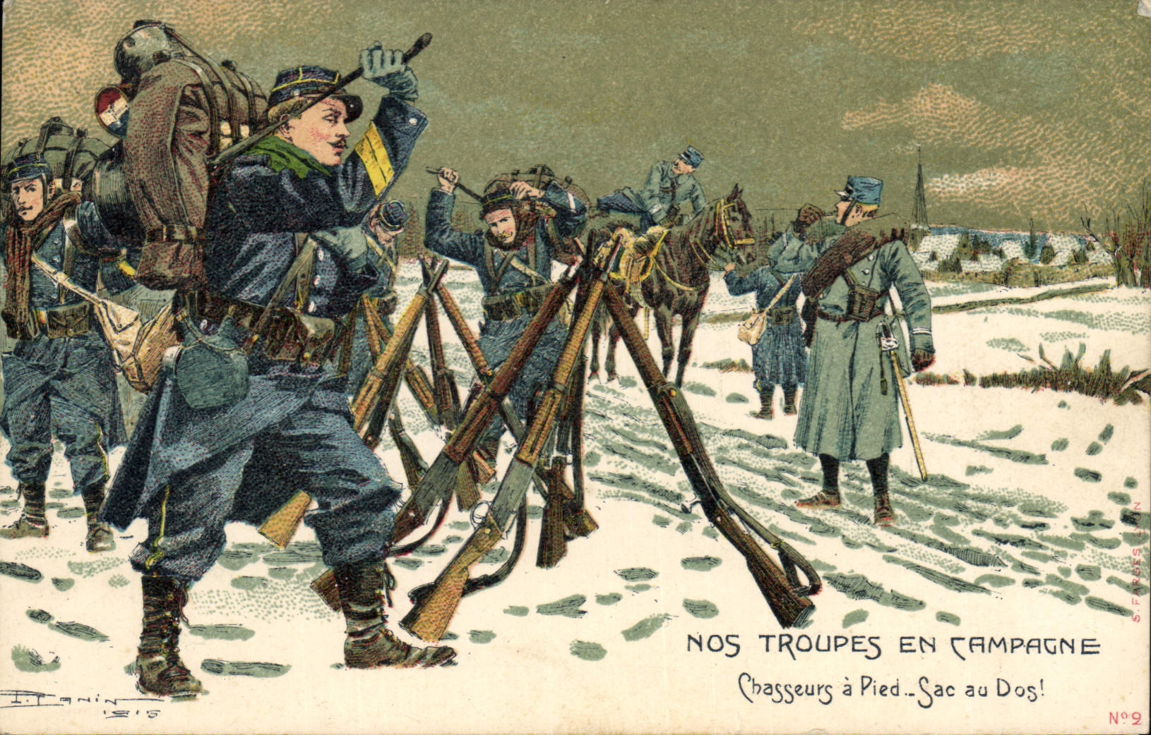 CPA Militaria Nos troupes en campagne Chasseurs a pied Sac au dos