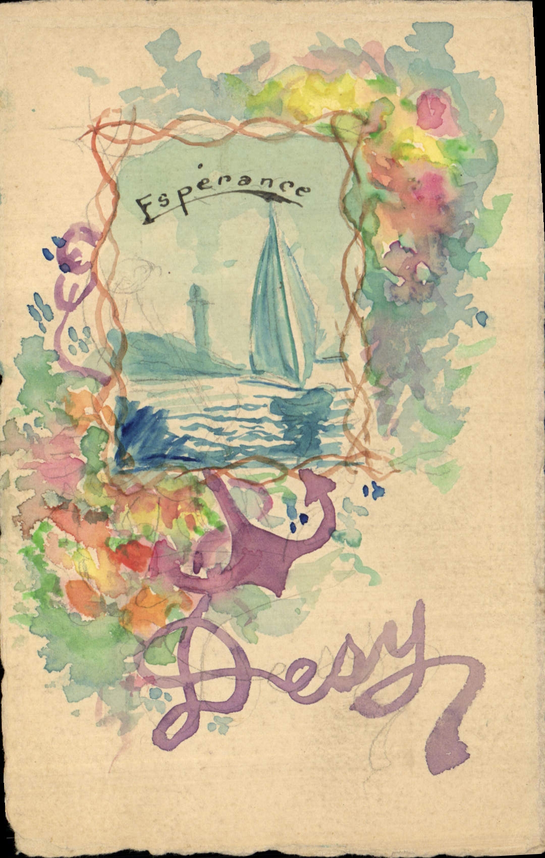 CPA Fantaisie (dessin a la main)  Phare Ancre Bateau 