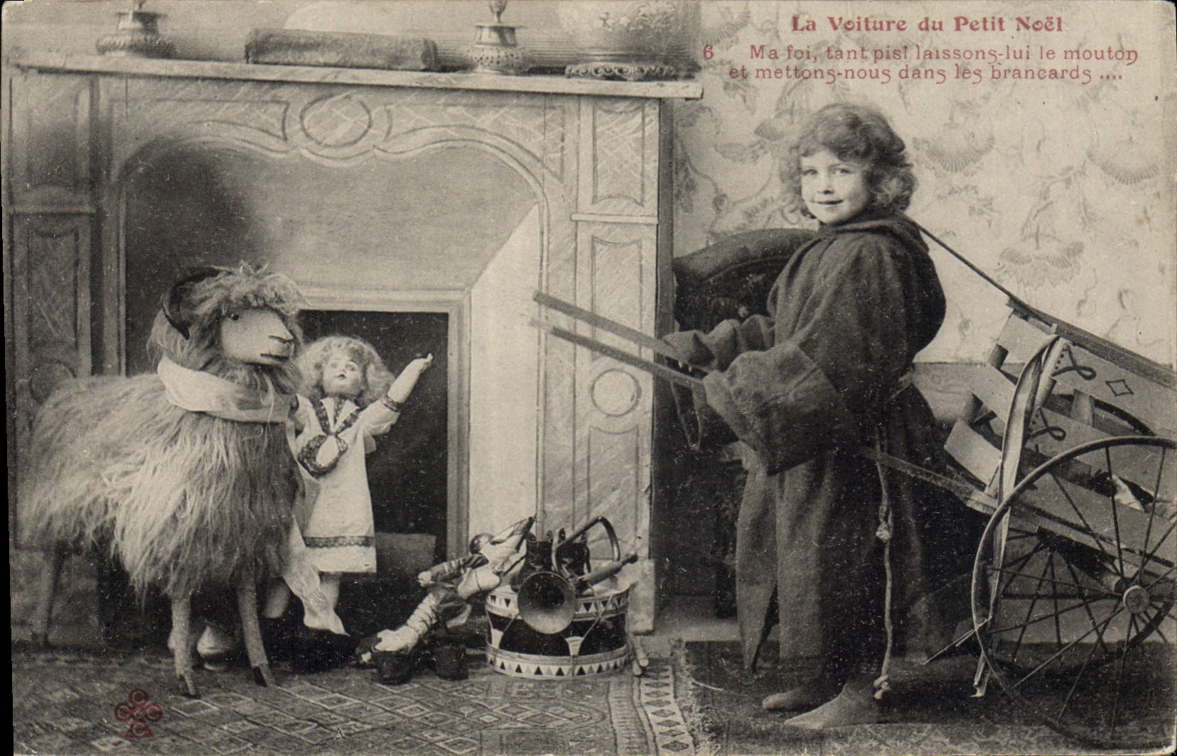 CPA Fantaisie Poupee Bouc Chevre La voiture du petit Noel Ma foi tant pis laissons lui le mouton et 