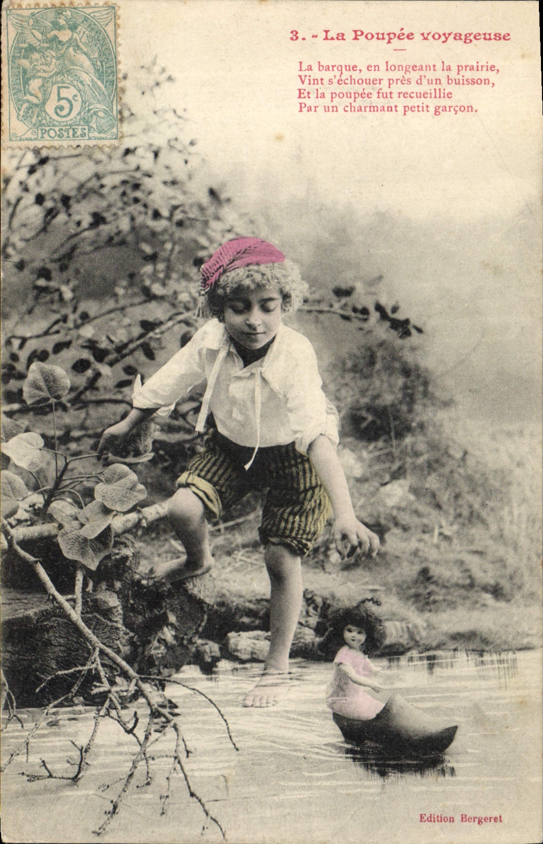 CPA Fantaisie Poupee La poupee voyageuse La barque en longeant la prairie Vint s'ecoucher pres d'un