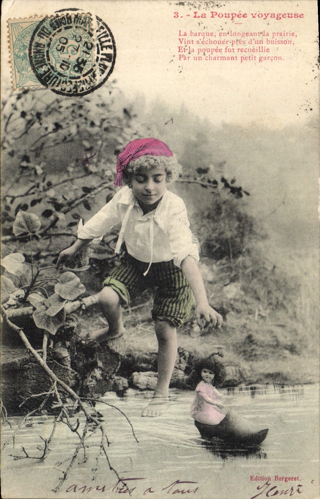 CPA Fantaisie Poupee  La poupee voyageuse La barque en longeant la prairie Vint s'ecoucher pres d'un