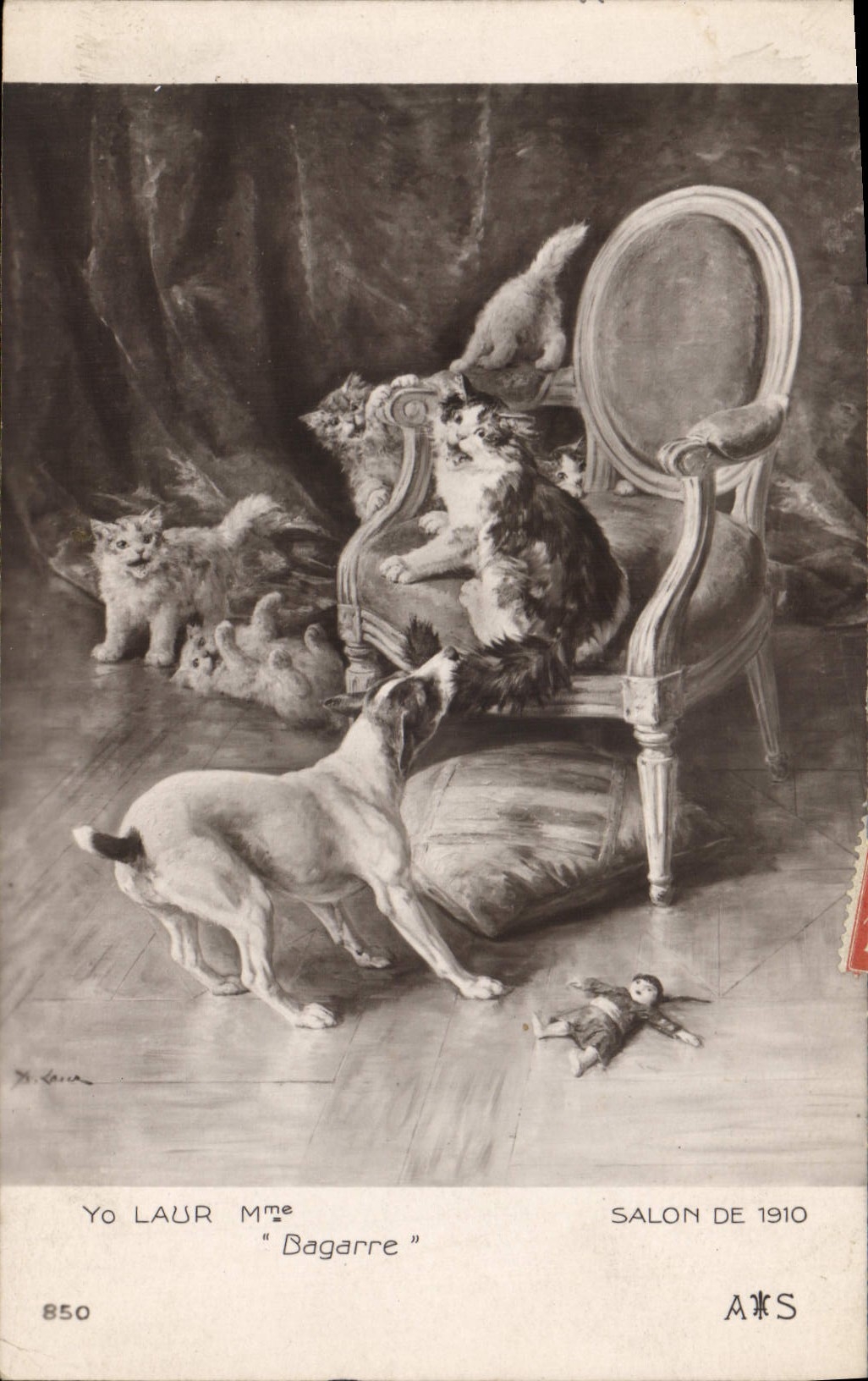 CPA Fantaisie Poupee Yo Laur Mme Bagarre Salon de 1910 Chat Chien