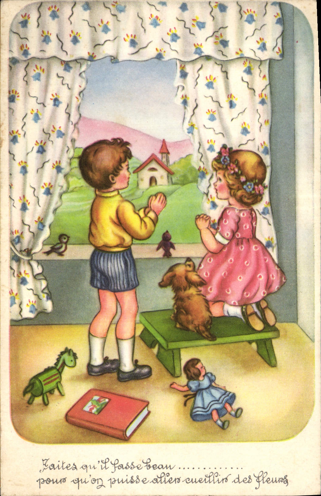 CPA Fantaisie Poupee Faites qu'il fasse beau pour qu'on puisse aller cueillir des fleures