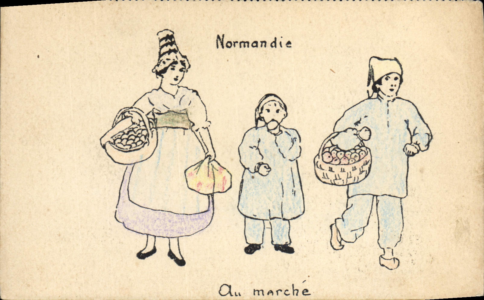 CPA Fantaisie (dessin a la main) Normandie Au marche Femme Foklore