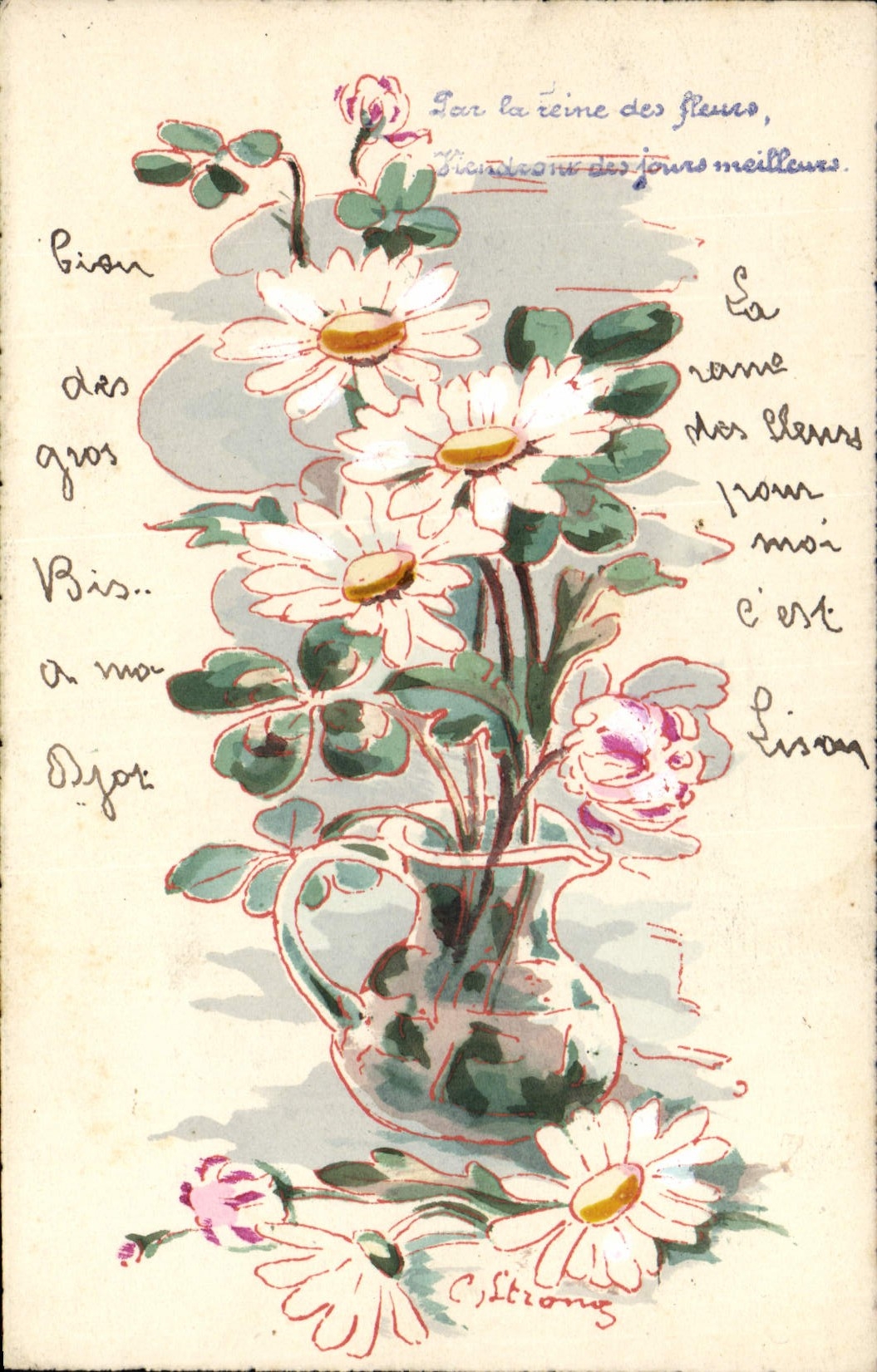 CPA Fantaisie (dessin a la main) Fleurs