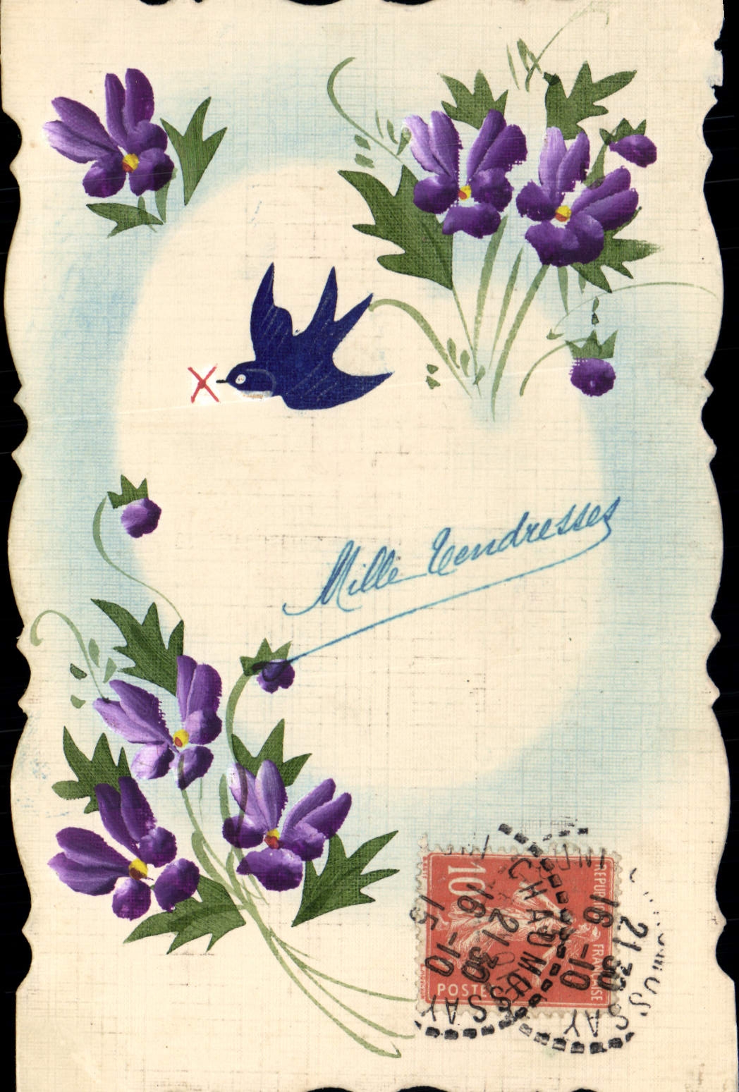 CPA Fantaisie (dessin a la main) Fleurs Hirondelle 