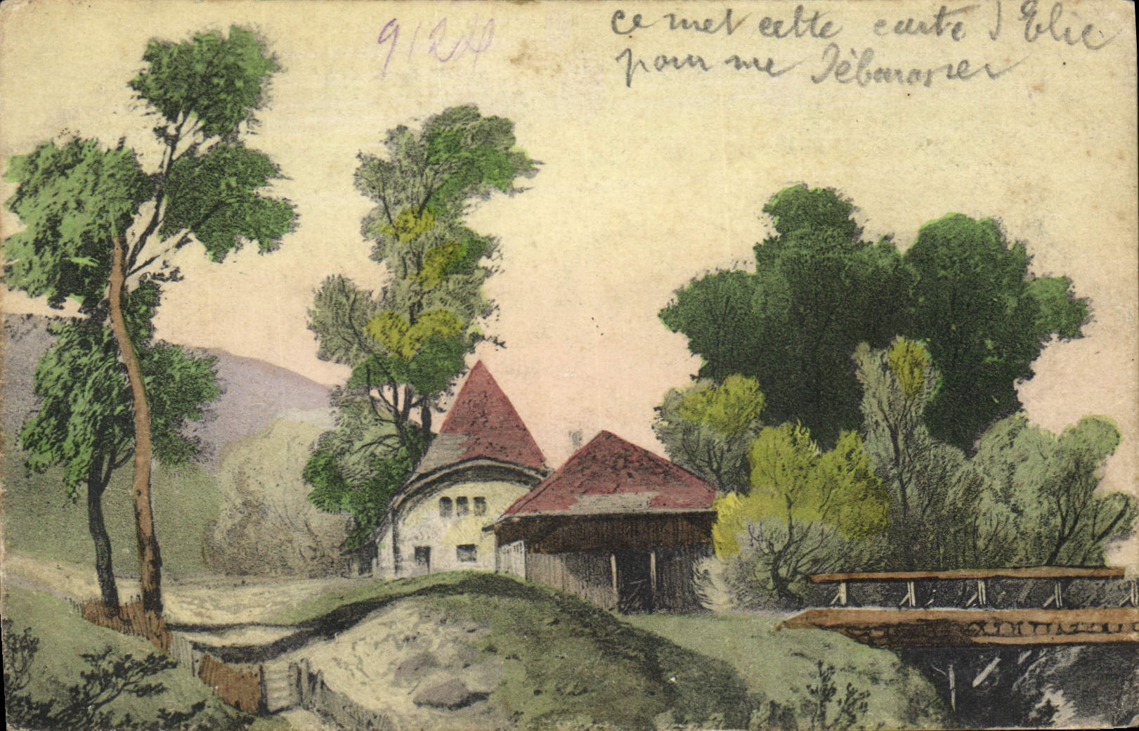 CPA Fantaisie (dessin a la main) Maison Paysage