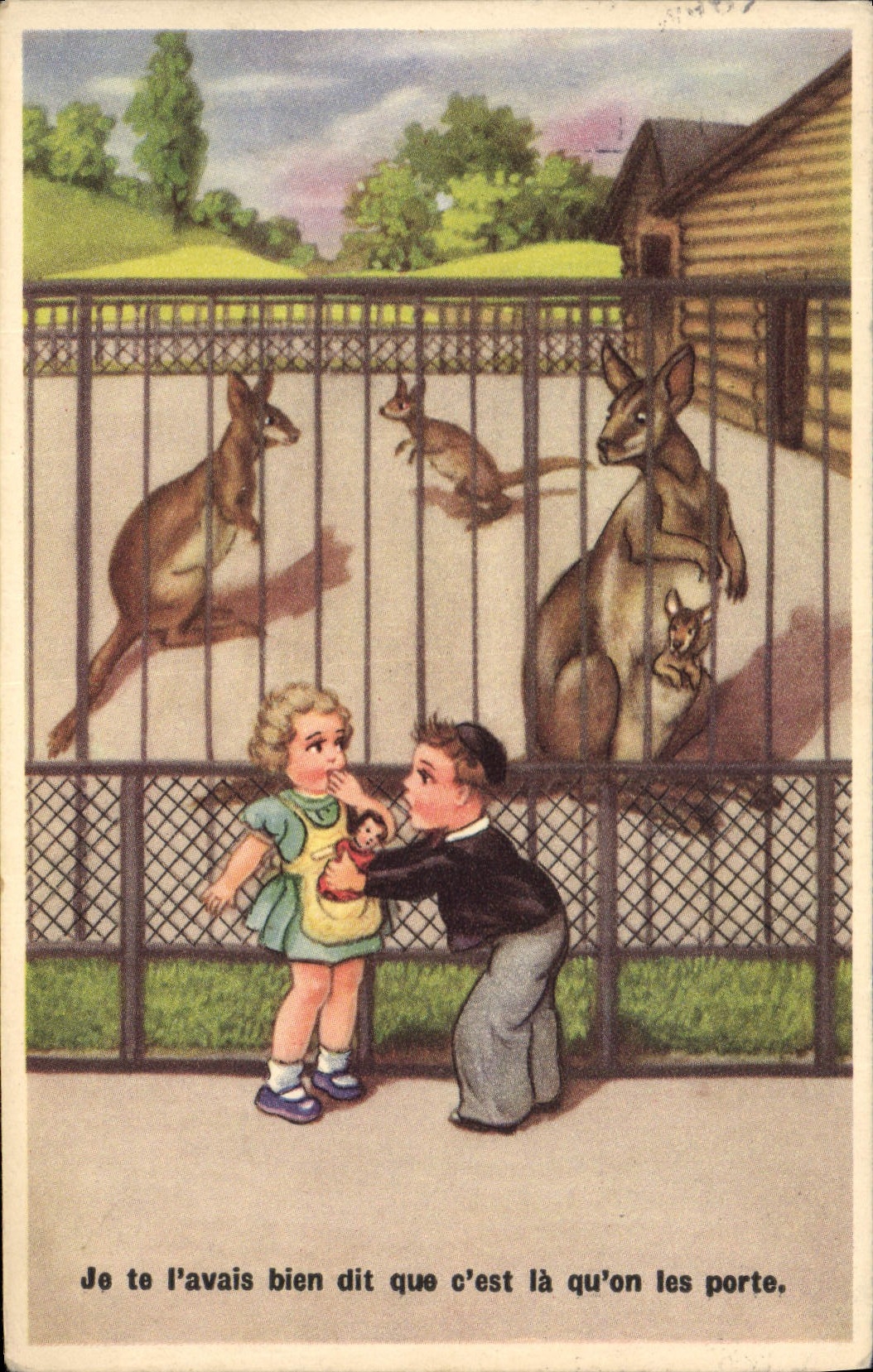 CPA Fantaisie Poupee Enfants Kangourou Zoo Je te l'avais bien dit que c'est la qu'on les porte