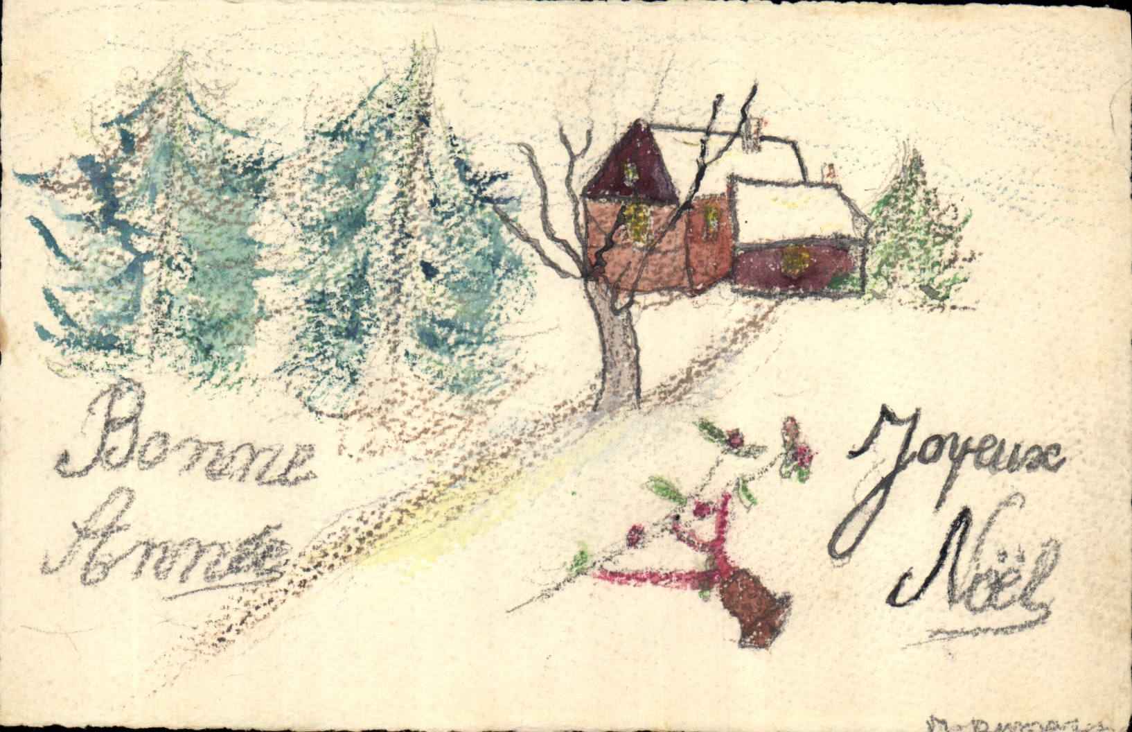 CPA Fantaisie (dessin a la main ) Bonne Annee Joyeux Noel