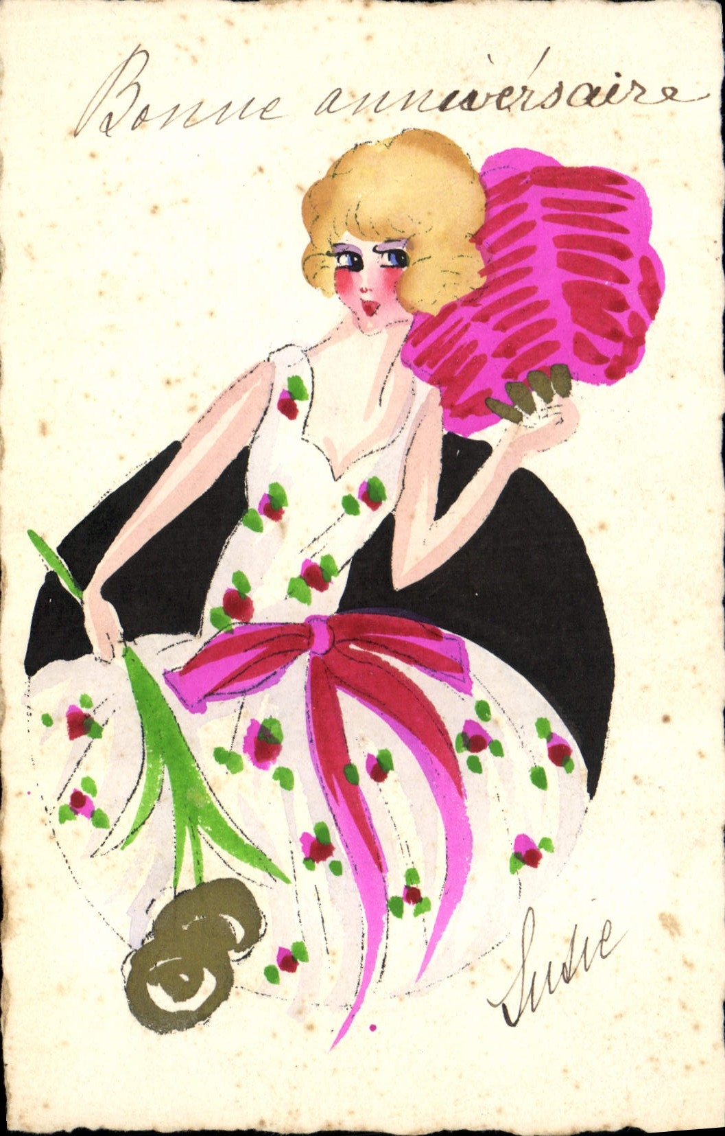 CPA Fantaisie (dessin a la main ) Femme Bonne anniversaire