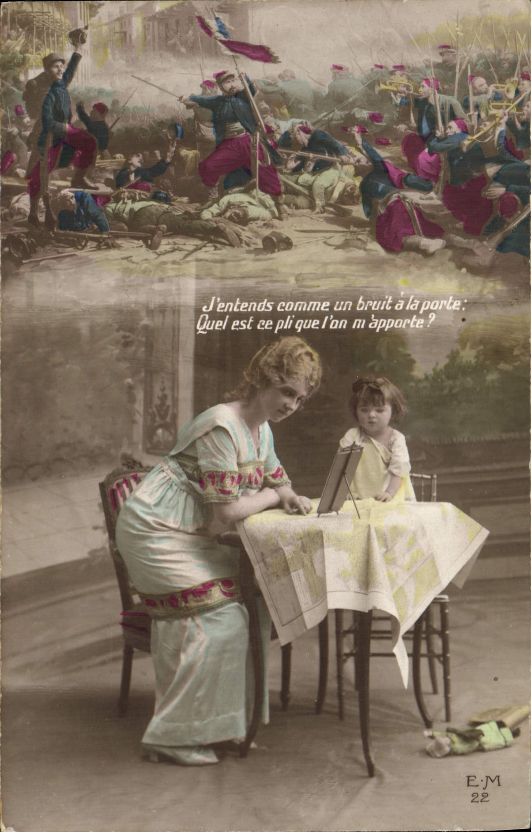 CPA Fantaisie Enfants Poupee J'attend comme un bruit a la porte Quel est ce pli que l'on m'apporte?